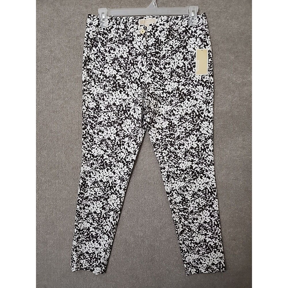 Michael Kors Skinny Dress Pants Womens 8 Chocolate White Floral Stretch NEW
